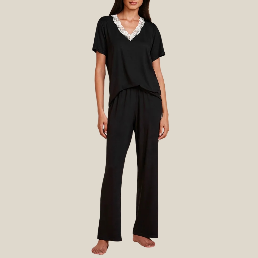 PIJAMA LONGO MANGA CURTA EM VISCOSE E RENDA MOON