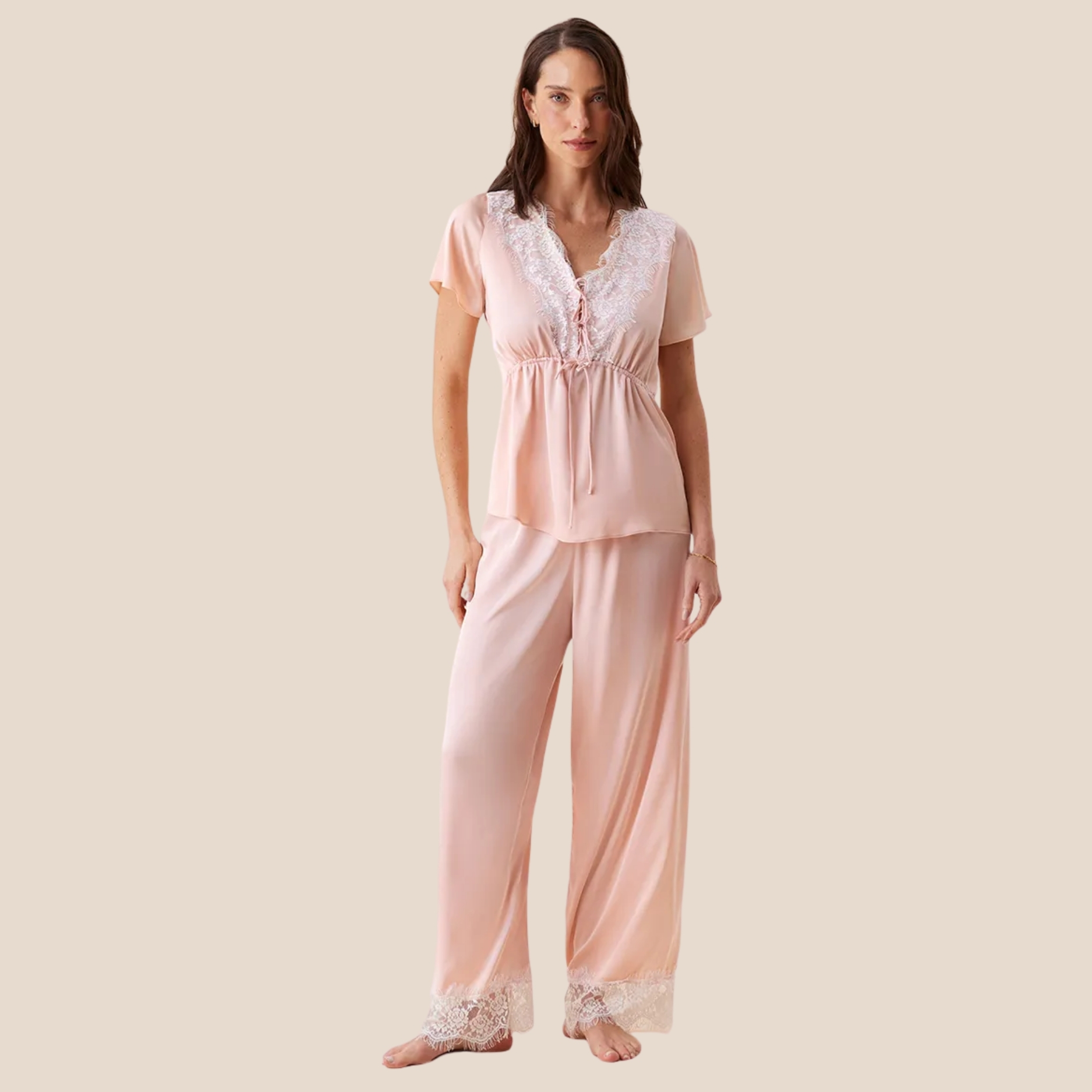 PIJAMA LONGO MANGA CURTA EM CETIM E RENDA SWEET MATERNITY
