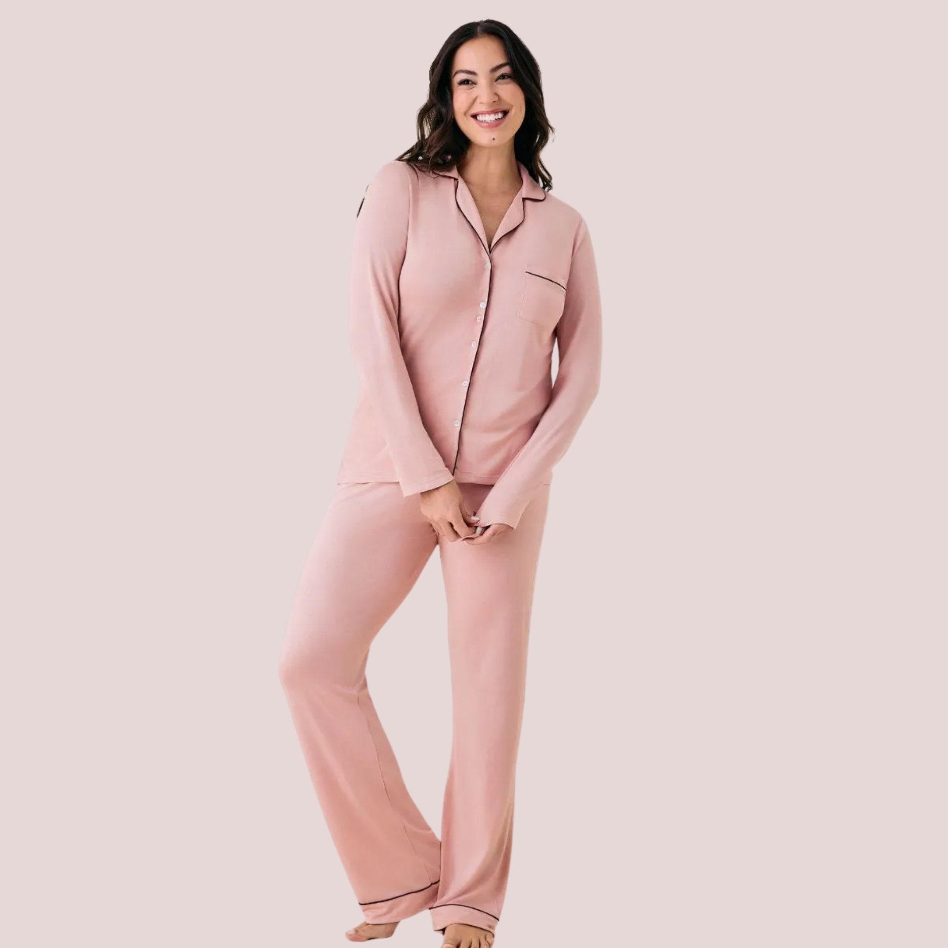 PIJAMA LONGO EM VISCOSE COM VIVO CONTRASTANTE FLORA