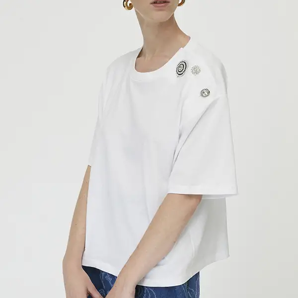 Darsena - T-Shirt With Jewel Buttons, Optic White, L