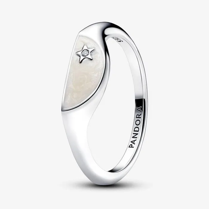 Halved Signet Sterling Silver Ring With Clear Cubic Zirconia And Shimmering White Enamel