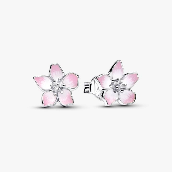 Cherry blossom sterling silver stud earrings with shaded pink enamel