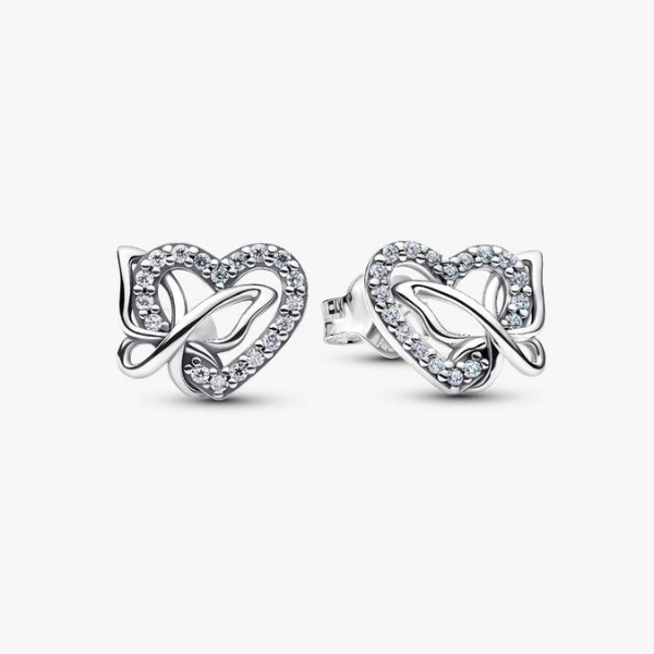 Heart and butterfly sterling silver stud earrings with clear cubic zirconia