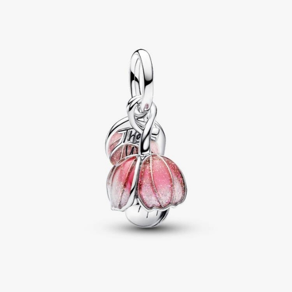 Openable flower sterling silver and 14k gold-plated dangle with royal green crystal and glittery shaded pink UV resin