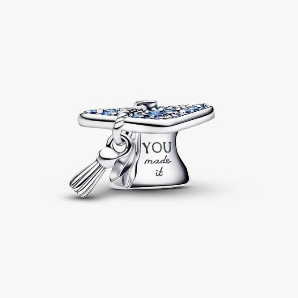 Graduation sterling silver charm with stellar blue crystal and clear cubic zirconia