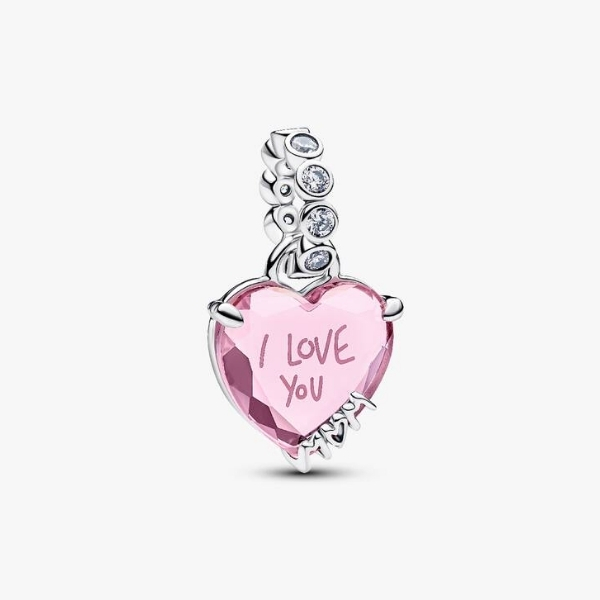 Heart sterling silver dangle with pink and clear cubic zirconia