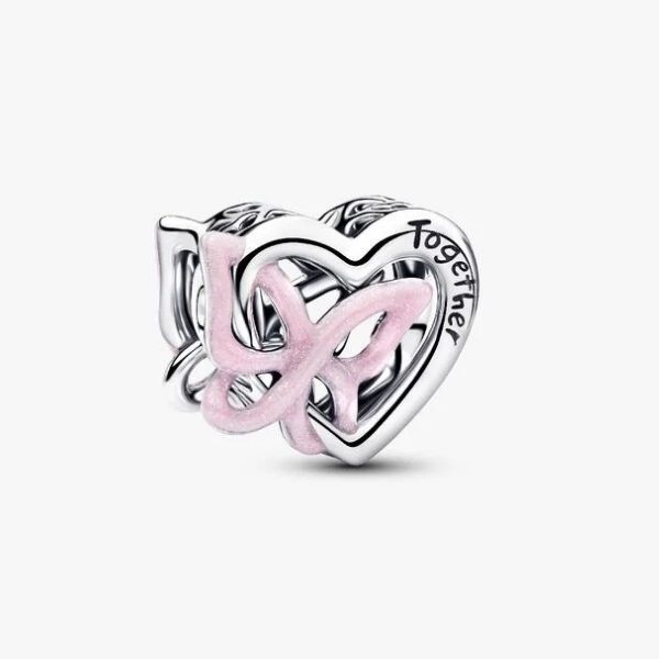 Heart with butterfly sterling silver charm with glittery pink enamel