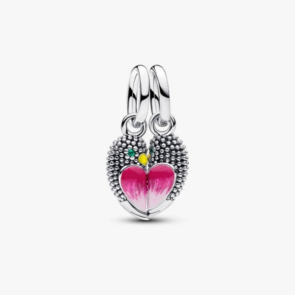 Magnetic love birds sterling silver splittable dangle with royal green crystal, yellow and shaded pink enamel