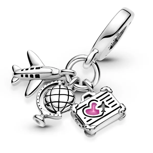 Airplane, globe and suitcase sterling silver dangle with pink enamel