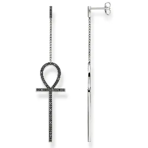 Pendiente, plata de ley 925, ennegrecida/ circonita, negro