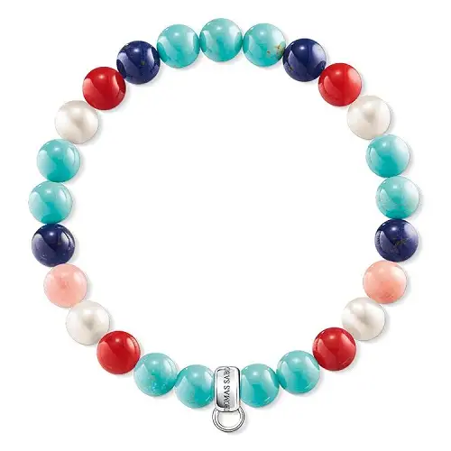 Charm-pulsera, plata de ley 925/ coral de bambú tratado/ lapislázuli imitación/ turquesa imitación/ perla de cultivo - agua dulce, multicolor, 15,5 cm