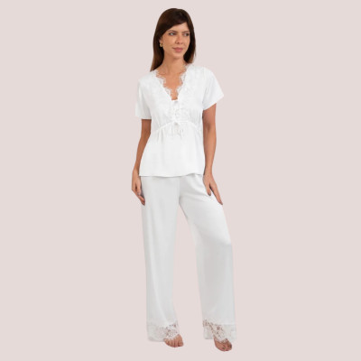PIJAMA LONGO MANGA CURTA EM CETIM E RENDA SWEET MATERNITY