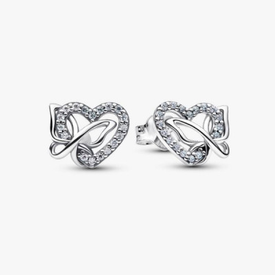 Heart and butterfly sterling silver stud earrings with clear cubic zirconia