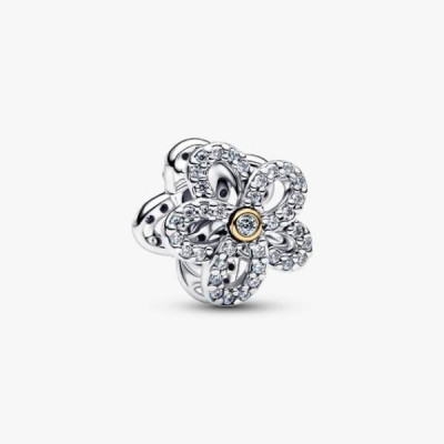 Flower sterling silver and 14k gold-plated charm with clear cubic zirconia