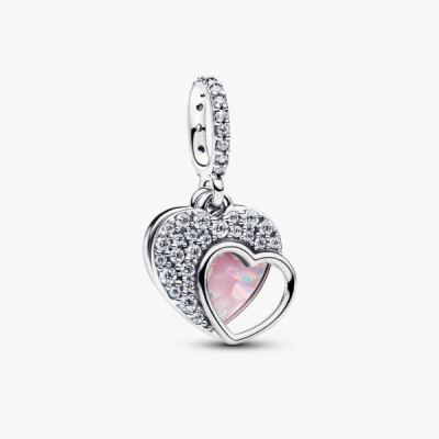 Heart sterling silver double dangle with clear cubic zirconia and pink mosaic lab-created opal and resin